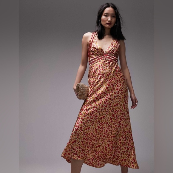 Topshop satin slip dress with lace insert in orange print B1411 - Picture 3 of 7